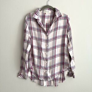 Anthropologie Cloth & Stone Plaid Button Front Hi Lo Fray Hem Shirt Top Size S